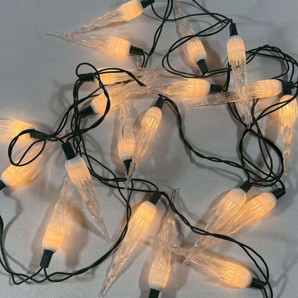 Vintage White Clear Icicle Christmas String Lights Set of 20 Green Wire Cord